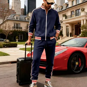 Full view of men's heavyweight navy fleece tracksuit with red and white stripes