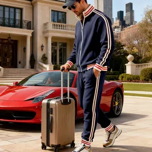 Men's navy blue heavy fleece leisure tracksuit set featured in a luxury travel scene