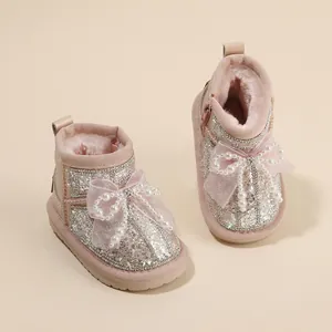 Toddler Girl Winter Snow Boots Princess Style Bow Pearl Rhinestone Microfiber Warm Fleece Lining Glitter Ankle Short Boots