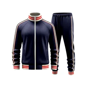 Detailed view of a navy blue men's heavyweight fleece tracksuit set with striped accents