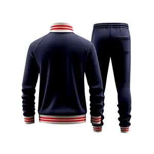 Back view of navy blue men's heavy fleece tracksuit set with red and white stripes.