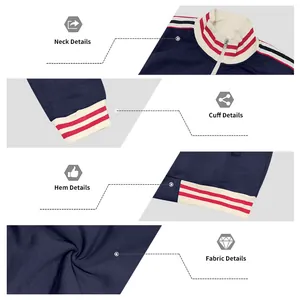 Detailed views of navy blue fleece tracksuit jacket showing ribbing and fabric texture.