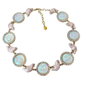 Vintage cameo relief necklace with cute resin cat figurines and iridescent rhinestones