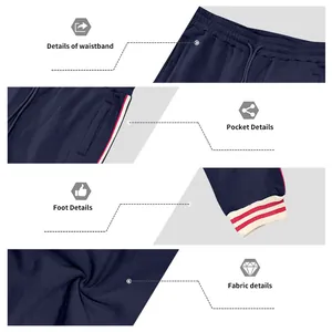 Detail views of heavyweight navy fleece joggers with striped cuffs and waistband