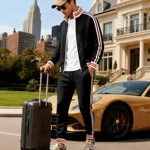 Men's heavyweight black fleece tracksuit set with stylish red and white stripes