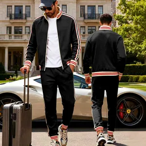 Premium men's black heavy fleece tracksuit featuring red and white striped rib details