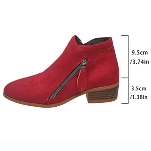 Detail view showing measurements for red suede chunky heel ankle boots for women