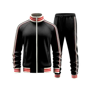 Full view of men's heavy fleece black tracksuit two-piece set with striped ribbing details