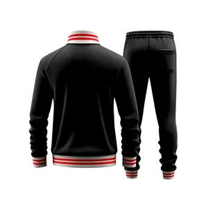 Back view of black men's heavyweight fleece tracksuit with red and white striped trims