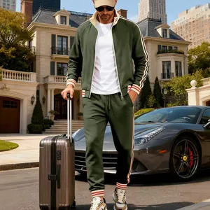 Full view of premium olive green heavy fleece tracksuit set in luxury lifestyle setting