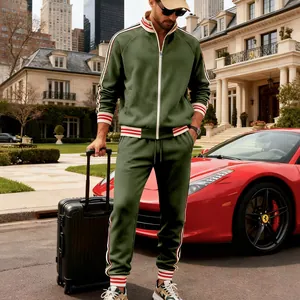 Men's green heavyweight fleece tracksuit set featuring red and white striped trims