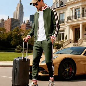 Men's heavy fleece olive green tracksuit set worn by model next to sports car