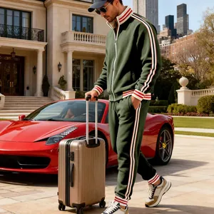 Heavyweight fleece men's tracksuit set in dark green featuring stylish striped trim details