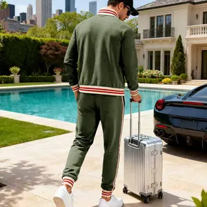 Back view of premium heavy fleece olive green men's tracksuit set featuring striped rib details