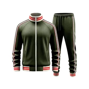 Close-up of military green fleece tracksuit with red and white striped ribbing