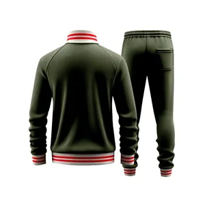 Back view of men's heavyweight green fleece tracksuit with striped ribbed cuffs and hem