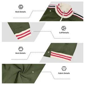 Detailed macro view of olive green athletic jacket neck, cuffs, hem and heavy fleece fabric