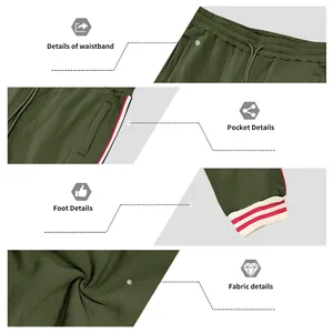 Macro details of men's army green heavy fleece sweatpants waistband, pockets and cuffs
