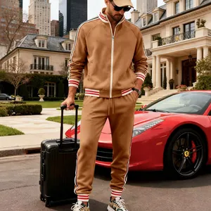 Detailed view of a premium tan men's heavy fleece tracksuit set with striped trim details