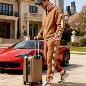 Men's heavyweight fleece tracksuit set in tan with striped side details and rib cuffs