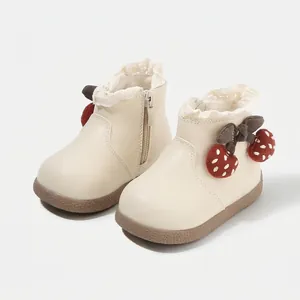 Kleinkind Mädchen Kunstleder Prinzessin Kurze Stiefel Mit Spitzenbesatz Erdbeere Schleife Dekoration Rutschfeste Weiche Sohle Seitenreißverschluss