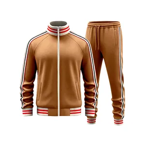 Front view of heavy fleece men's casual tan tracksuit set with iconic striped details