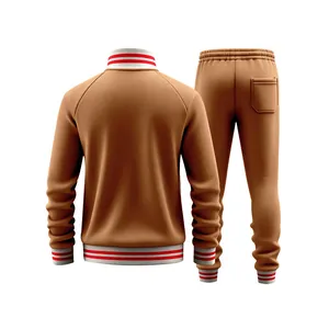 Back view of heavyweight brown fleece men's tracksuit set with red striped rib details