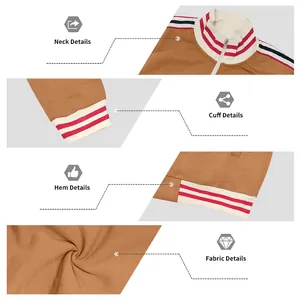 Detailed views of fleece baseball jacket collar, cuffs, hem, and fabric texture