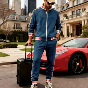 Premium men's heavy fleece blue tracksuit set with red and white striped ribbing details