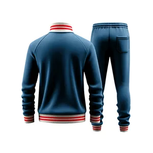 Detailed back view of premium blue heavy fleece men's tracksuit set with baseball jacket