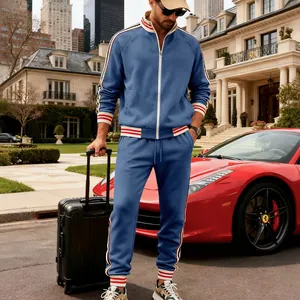 Men's blue heavy fleece tracksuit set with red and white striped detail on sleeves