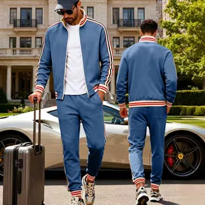 Premium men's heavyweight fleece tracksuit with striped trim front and back view