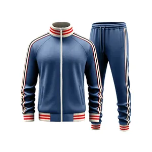 Blue heavy fleece men's tracksuit set with striped ribbing and full-zip jacket