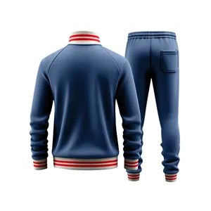 Back view of heavy fleece navy track suit featuring red and white striped ribbing details