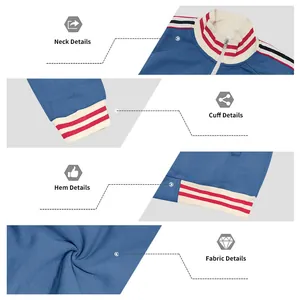 Detailed close-ups of neck, cuff, and hem on a blue heavy fleece tracksuit.