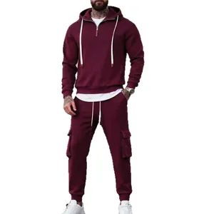 Men's heavyweight burgundy winter cargo tracksuit set with half-zip hoodie and pants