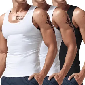 Set of three men's slim-fit athletic tank tops in black and white colors.