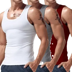 Three pack of men's athletic slim fit cotton tank tops in white, grey, and deep red colors.