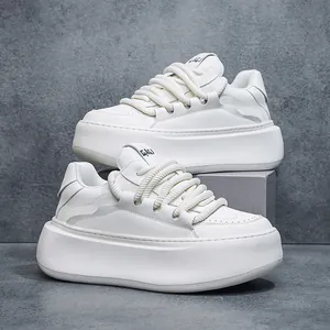 Fashionable white thick-platform chunky bread shoes featuring unique wide rope laces