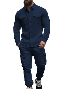 Full view of men's navy blue heavyweight fleece workwear tracksuit with cargo pockets