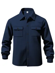 Front view of heavy navy blue fleece-lined outdoor workwear jacket with flap pockets