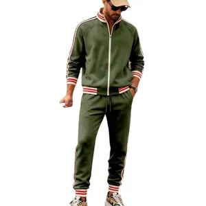 Heavyweight fleece men's two-piece tracksuit set in olive green with red striped cuffs