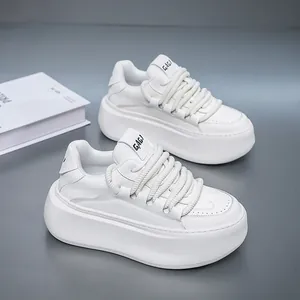 Stylish white chunky platform bread shoes with thick rope laces for trendy casual wear