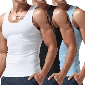 Three-piece set of men's slim fit athletic cotton tank tops in white black and blue colors