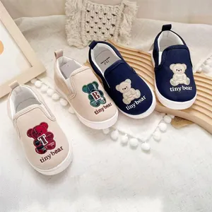 Kids Cartoon Bear Embroidery Canvas Shoes Japanese Style Children Slip On Casual Walking Sneakers Soft Sole Breathable