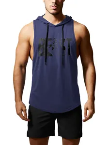 Vista frontale della canotta blu navy con cappuccio da uomo con stampa BEAST audace