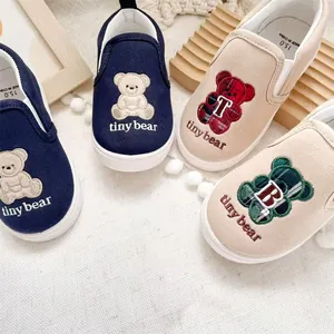 Cute cartoon bear embroidery children's slip-on canvas shoes in navy and beige