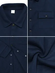 Close-up of men's navy heavy fleece workwear jacket collar and corduroy-like fabric texture.