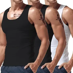 Detail view showing the fit of men's athletic tank tops in black and white colors.