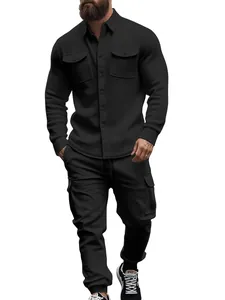 Full body view of men's heavy black fleece-lined cargo jacket and matching joggers